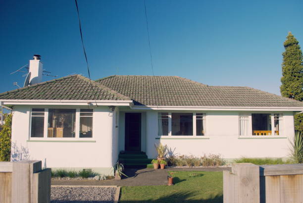 A typical stucco plaster clad bungalow home. These homes were popular personal built homes in the 1940's- 1960's in New Zealand.