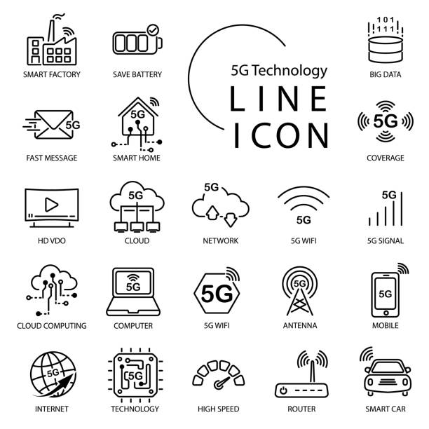 illustrazioni stock, clip art, cartoni animati e icone di tendenza di semplice icona di linea sulla tecnologia 5g, internet of things (iot). includi smart home, wifi, rete, cloud e altro ancora - 5g