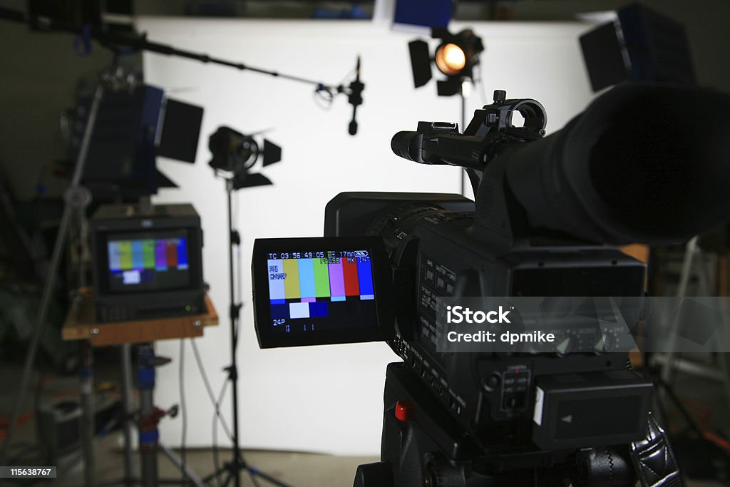 Studio setup 4 with video camera Studio setup with lights and camera. Add your image to the viewfinder Movie Stock Photo
