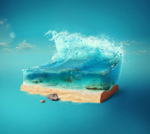 sfondo di viaggio e vacanza. illustrazione 3d con taglio del terreno e del bellissimo mare sott'acqua. mare per bambini isolato in blu. - sabbia illustrazioni foto e immagini stock