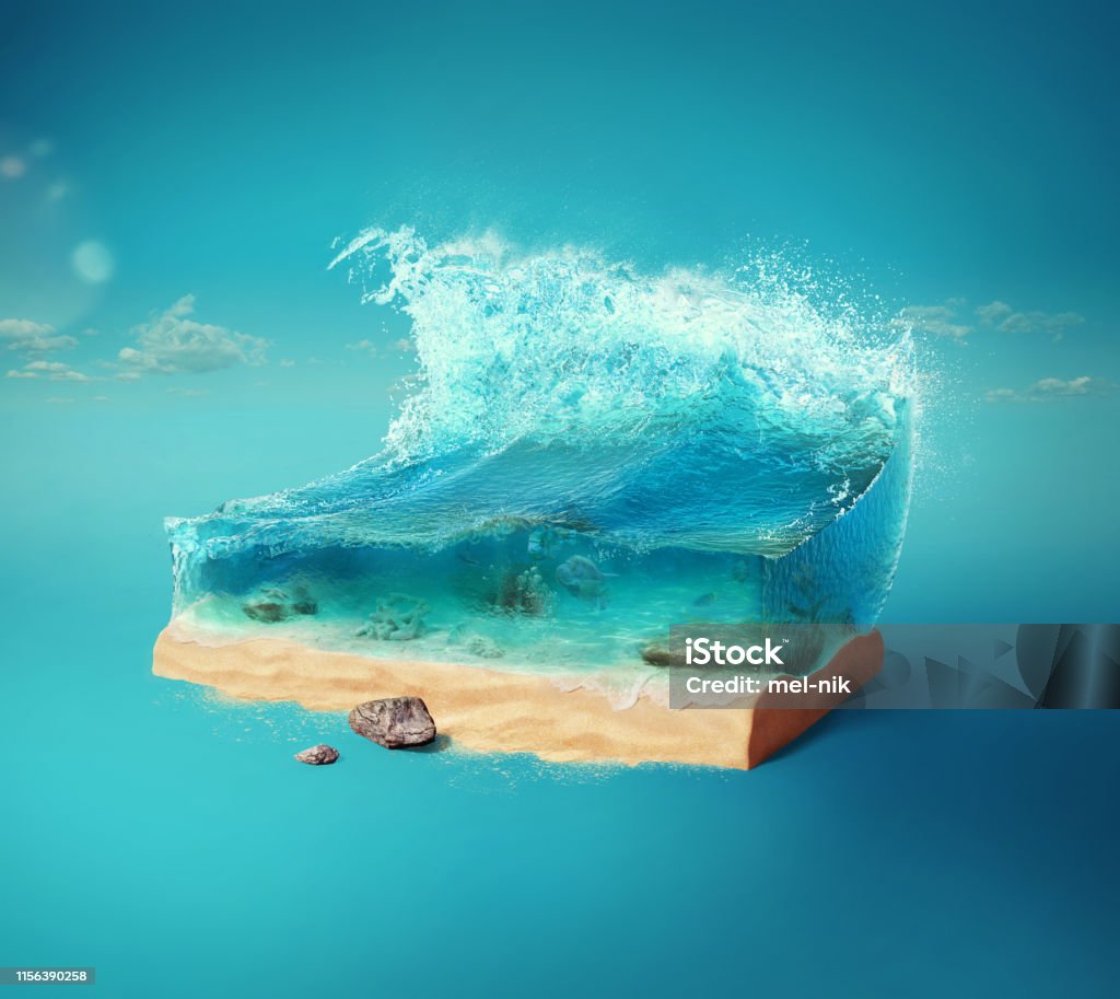 Travel and vacation background. 3d illustration with cut of the ground and the beautiful sea underwater. Baby sea isolated on blue. Sport and travel backgrounds Sea Stock Photo