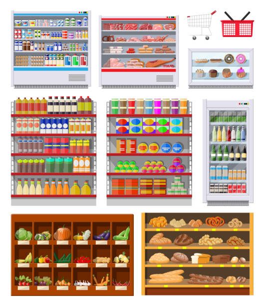illustrations, cliparts, dessins animés et icônes de ensemble d'étagères de supermarché - shelf