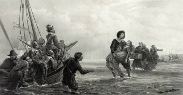 паломники, уезжая из голландии в америку - usa netherlands stock illustrations