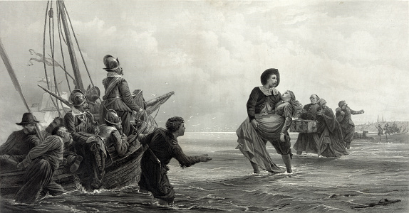 After escaping religious prosecution in England, English separatists temporarily settled in Holland. This vintage illustration shows a group of Leiden Separatists (Pilgrims) leaving Holland for a better life in America.