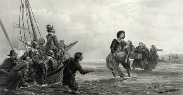 Pilgrims Leaving Holland for America After escaping religious prosecution in England, English separatists temporarily settled in Holland. This vintage illustration shows a group of Leiden Separatists (Pilgrims) leaving Holland for a better life in America. pilgrim stock illustrations