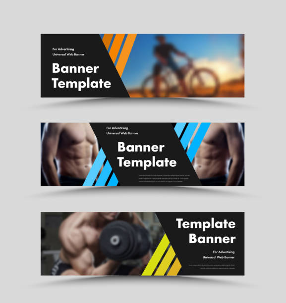 Horizontal vector black web banner templates with diagonal color lines and space for photo. Horizontal vector black web banner templates with diagonal color lines and space for photo. Design for a site with sprotivny thematics. Set header footer template stock illustrations
