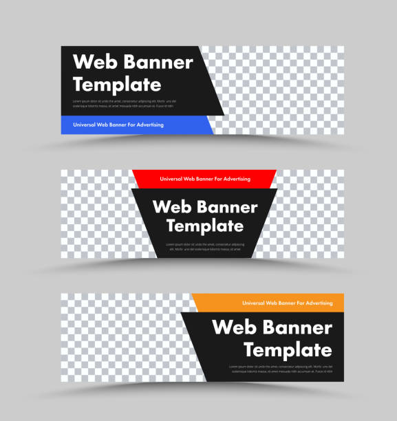 Design of black vector horizontal web banners with photo space and color corner shapes for header and text. Design of black vector horizontal web banners with photo space and color corner shapes for header and text. Universal template for advertising. Set header footer template stock illustrations