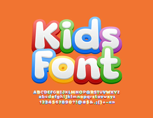 Vector colorful Kids Font. Bright Alphabet set Creative original Letters, Numbers and Symbols childhood stock illustrations