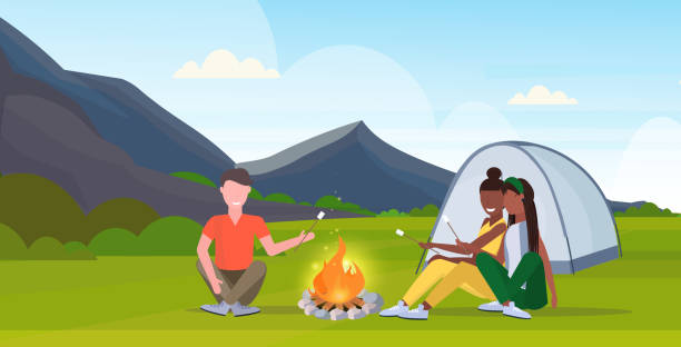 people hikers roasting marshmallow candies on campfire hiking camping concept mix race man women travelers on hike mountains nature landscape horizontal full length flat people hikers roasting marshmallow candies on campfire hiking camping concept mix race man women travelers on hike mountains nature landscape horizontal full length flat vector illustration hiking snack stock illustrations