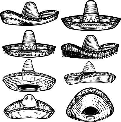 Set of Mexican sombrero in tattoo style isolated on white background. Design element for poster, t shit, card, emblem, sign, badge.