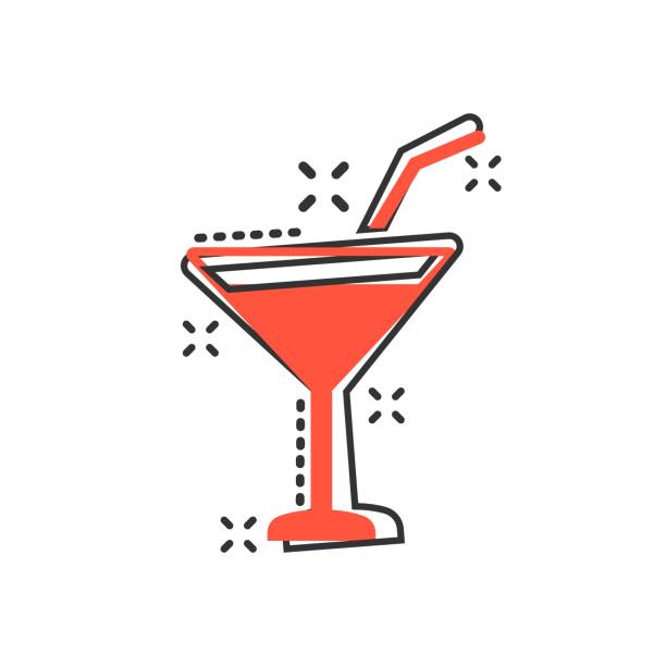 ilustrações, clipart, desenhos animados e ícones de ícone do cocktail do álcool no estilo cómico. ilustração de vidro dos desenhos animados do vetor da bebida no fundo isolado branco. efeito líquido do respingo do conceito do negócio de martini. - 19644