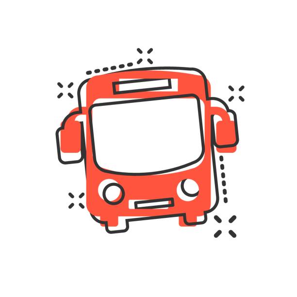 illustrations, cliparts, dessins animés et icônes de icône de bus scolaire dans le modèle comique. illustration de dessin animé de vecteur d'autobus sur le fond d'isolement blanc. effet d'éclaboussure de concept d'affaires de transport d'autocar. - car traffic road road sign