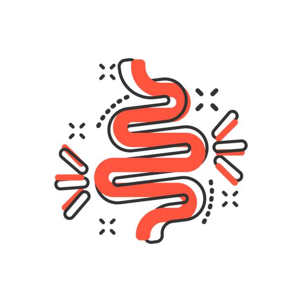 illustrations, cliparts, dessins animés et icônes de icône de constipation de gut dans le modèle comique. illustration de dessin animé de vecteur de colitis sur le fond d'isolement blanc. effet d'éclaboussure de concept d'affaires d'estomac. - maux destomac