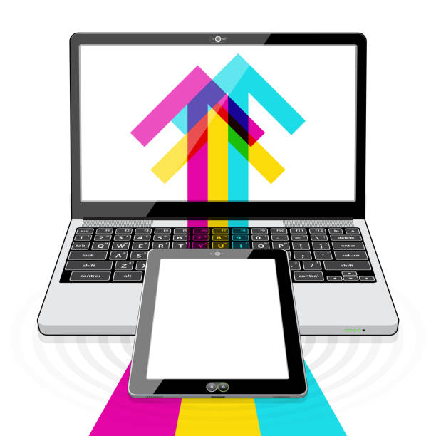 планшетный ноутбук pc данные up потоковое - data mobility downloading digital tablet stock illustrations