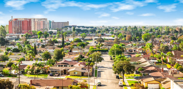 Panoramic view of a neighborhood in Anaheim, California Bright and colorful image of residential area in Anaheim, Orange County, California anaheim california stock pictures, royalty-free photos & images