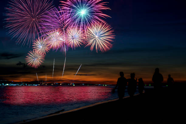 istock Silhouette people looking beautiful fireworks display on the beach ,celebration new year night concept 1156396054