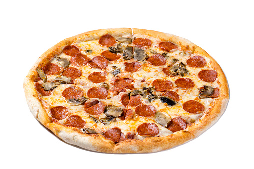 Italian cuisine. Fresh pepperoni pizza. Salami and mushrooms pizza isolated on white background