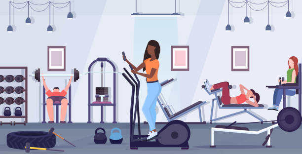 kobieta szkolenia na bieżni stepper african american dziewczyna za pomocą smartfona podczas pracy na cyfrowe pojęcie uzależnienia gadżet nowoczesny siłowni studio wnętrze płaskie pełnej długości poziome - running jogging treadmill weight training stock illustrations