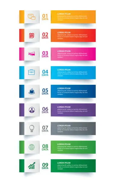 Vector illustration of Infographics tab paper index with 9 data template. Vector illustration abstract background. Can be used for workflow layout, business step, banner, web design.