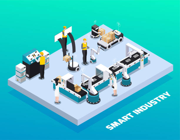 Isometric Smart Industry Colored Composition Isometric smart industry colored composition with production and packaging at smart factory vector illustration isometric factory stock illustrations
