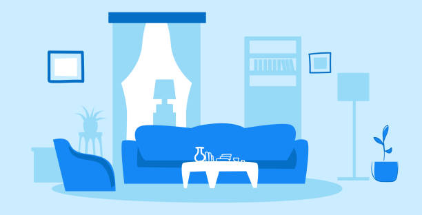 leer keine menschen moderne wohnzimmer interieur zeitgenössische wohnung mit möbeln skizze doodle horizontal - hintergrund raum stock-grafiken, -clipart, -cartoons und -symbole