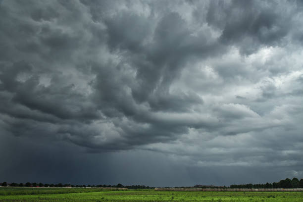 drohende gewitterwolken über ackerland - storm cloud cloud cloudscape cumulonimbus stock-fotos und bilder