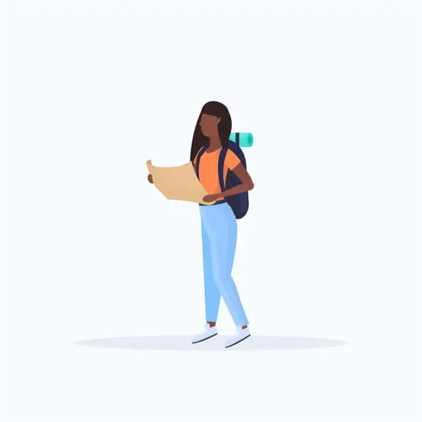 Vector illustration of woman hiker with backpack holding travel map african american girl planning the route hiking concept traveler on hike full length white background flat