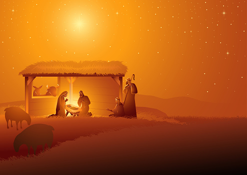 Biblical vector illustration series, nativity scene of The Holy Family in stable. Christmas theme
