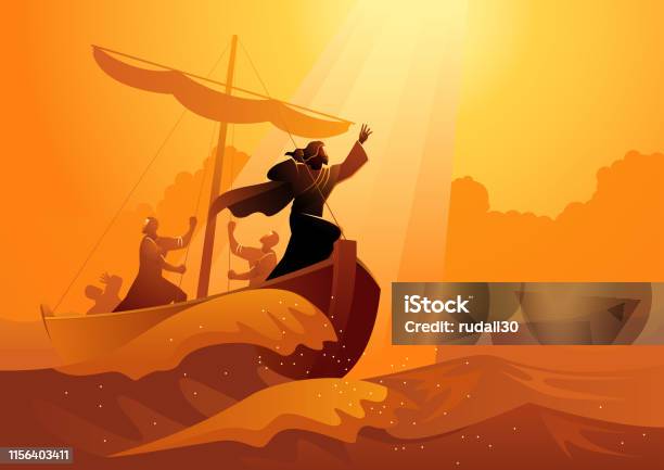 Peace Be Still Jesus Calms The Storm Stock Illustration - Download Image Now - Jesus Christ, Storm, Nautical Vessel