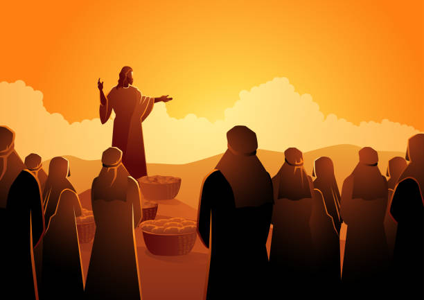 Jesus feeds the five thousand Biblical vector illustration series, Jesus feeds the five thousand or feeding the multitude bible gospel stock illustrations