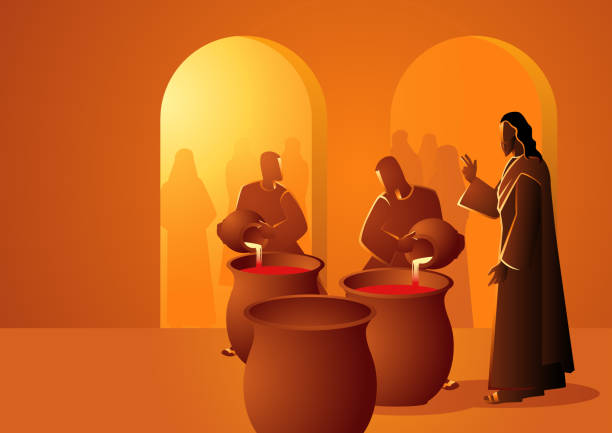 Jesus Turns Water Into Wine Biblical vector illustration series, Jesus turns water into wine miracle stock illustrations