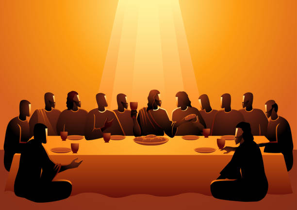 Jesus shared with his Apostles Biblical vector illustration series, Jesus shared with his Apostles in Jerusalem before his crucifixion, The Last Supper communion stock illustrations