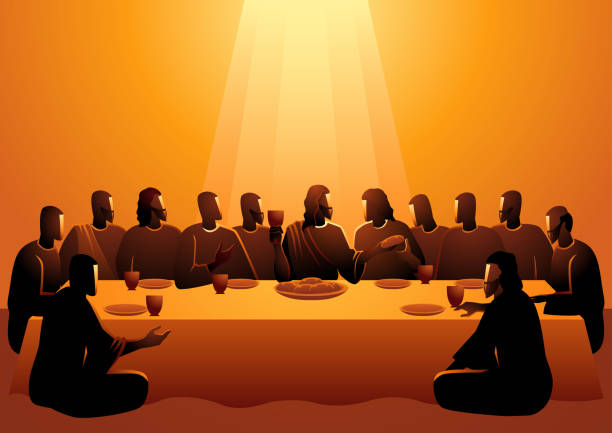 Jesus shared with his Apostles Biblical vector illustration series, Jesus shared with his Apostles in Jerusalem before his crucifixion, The Last Supper bread silhouettes stock illustrations