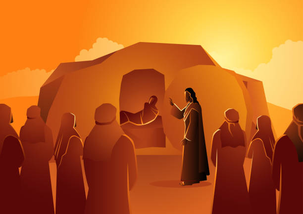ilustraciones, imágenes clip art, dibujos animados e iconos de stock de jesús resucita a lázaro de entre los muertos - milagro evento religioso