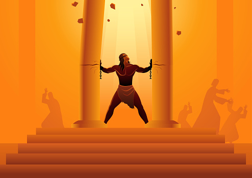 Biblical vector illustration series, Samson held the pillars of the temple and pushing them apart