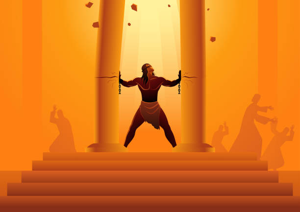 Samson held the pillars of the temple and pushing them apart vector art illustration
