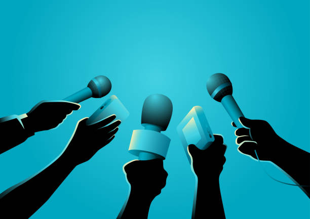 Vector Illustration of Journalists Vector illustration of hands holding microphones and recorders, journalism symbol journalist stock illustrations