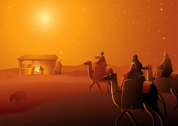 Three Wise Men Arrives Biblical vector illustration series, nativity scene of The Holy Family and three wise men. Christmas theme jesus christ illustrations stock illustrations