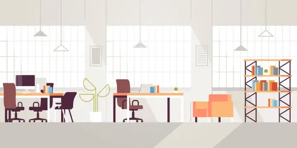 Vector illustration of creative workplace modern open space empty nobody office interior contemporary co-working center flat horizontal