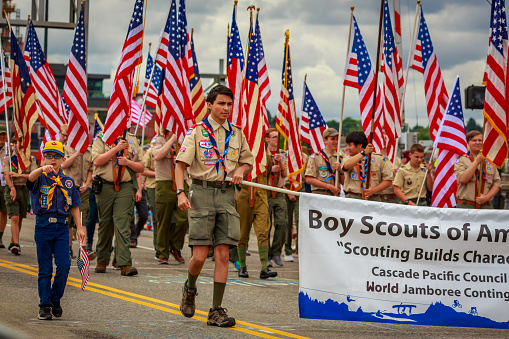 Portland, Oregon, USA - June 8, 2019: Boy Scouts of America in the Grand Floral Parade, during Portland Rose Festival 2019.