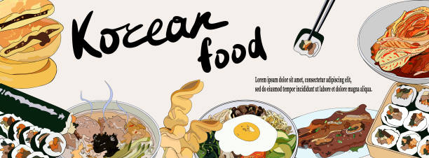 Template banner with a set of Korean dishes for websites or social network. Template banner with a set of Korean dishes for websites or social network. Traditional Korean dishes bibimbap, hotteok, kimchi, oden, galbi-gui, guksu, gimbap. Vector hand drawn illustration. korean food stock illustrations
