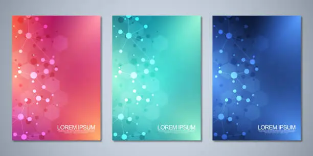 Vector illustration of Vector template brochures or cover design, book, flyer, with molecules background and neural network. Abstract geometric background of connected lines and dots. Science and technology concept.