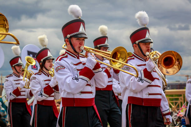 Portland, Oregon, USA - June 8, 2019: Tualatin High School Timberwolves Marching Band in the Grand Floral Parade, during Portland Rose Festival 2019.
