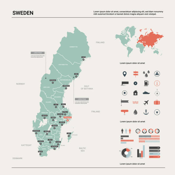 スウェーデンのベクトルマップ。分割、都市、首都ストックホルムの国の地図。政治地図、世界地図、インフォグラフィ��ック要素。 - capital cities点のイラスト素材／クリップアート素材／マンガ素材／アイコン素材