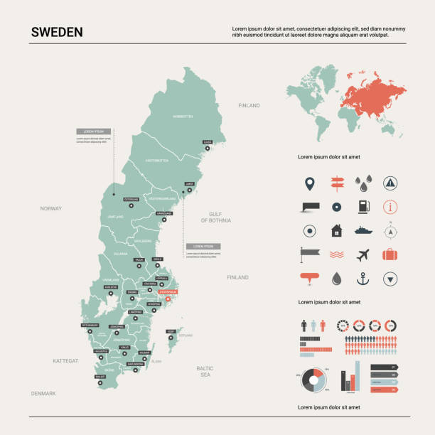 ilustrações de stock, clip art, desenhos animados e ícones de vector map of sweden. country map with division, cities and capital stockholm. political map,  world map, infographic elements. - capital cities