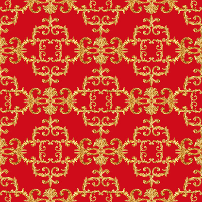 Baroque golden elements ornamental seamless pattern. Watercolor hand drawn gold texture on red background. Watercolour vintage design print for fabric, textile, wallpaper, wrapping paper, packaging.