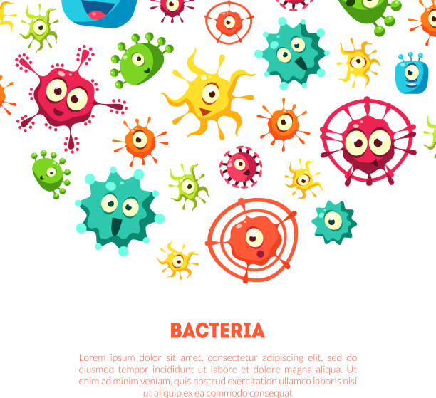 Bacteria Banner Template with Cute Colorful Microorganisms and Place for Text, Probiotics, Medicine or Dietary Supplements for Gastrointestinal Health Vector Illustration Bacteria Banner Template with Cute Colorful Microorganisms and Place for Text, Probiotics, Medicine or Dietary Supplements for Gastrointestinal Health Vector Illustration on White Background. probiotic pattern stock illustrations