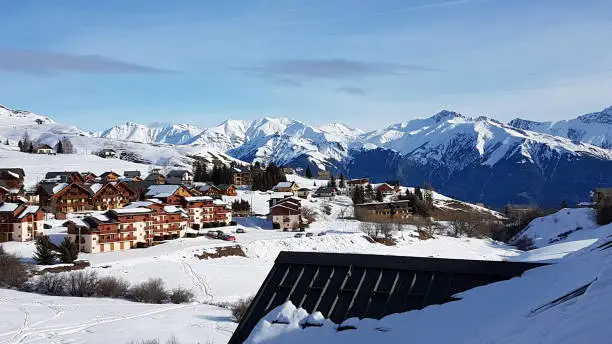 French alps village and snow