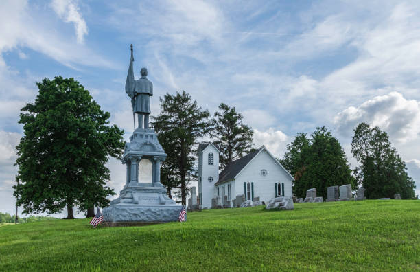 Cadiz, Ohio/USA-June 6, 2019: Historic Dickerson church and cemetery in rural Harrison County founded in 1804 by Thomas Dickerson, a Revolutionary War veteran.  The congregation had 28 members who fought for the Union in the American Civil War.