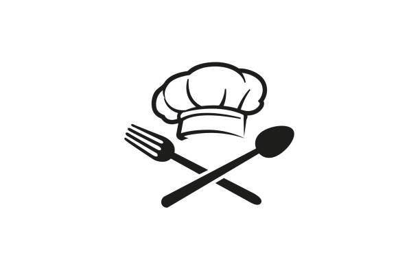 creative chef hat spoon vidlice logo vector symbol design ilustrace - komerční kuchyně stock ilustrace
